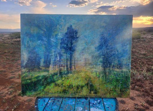 18x24 mixed media wall art| Abstract Expressionist Painting|Wood panel art| Forrest Abstract Landscape| Arizona Sunrise Art on Wood|Wood framed|Painting on wood |