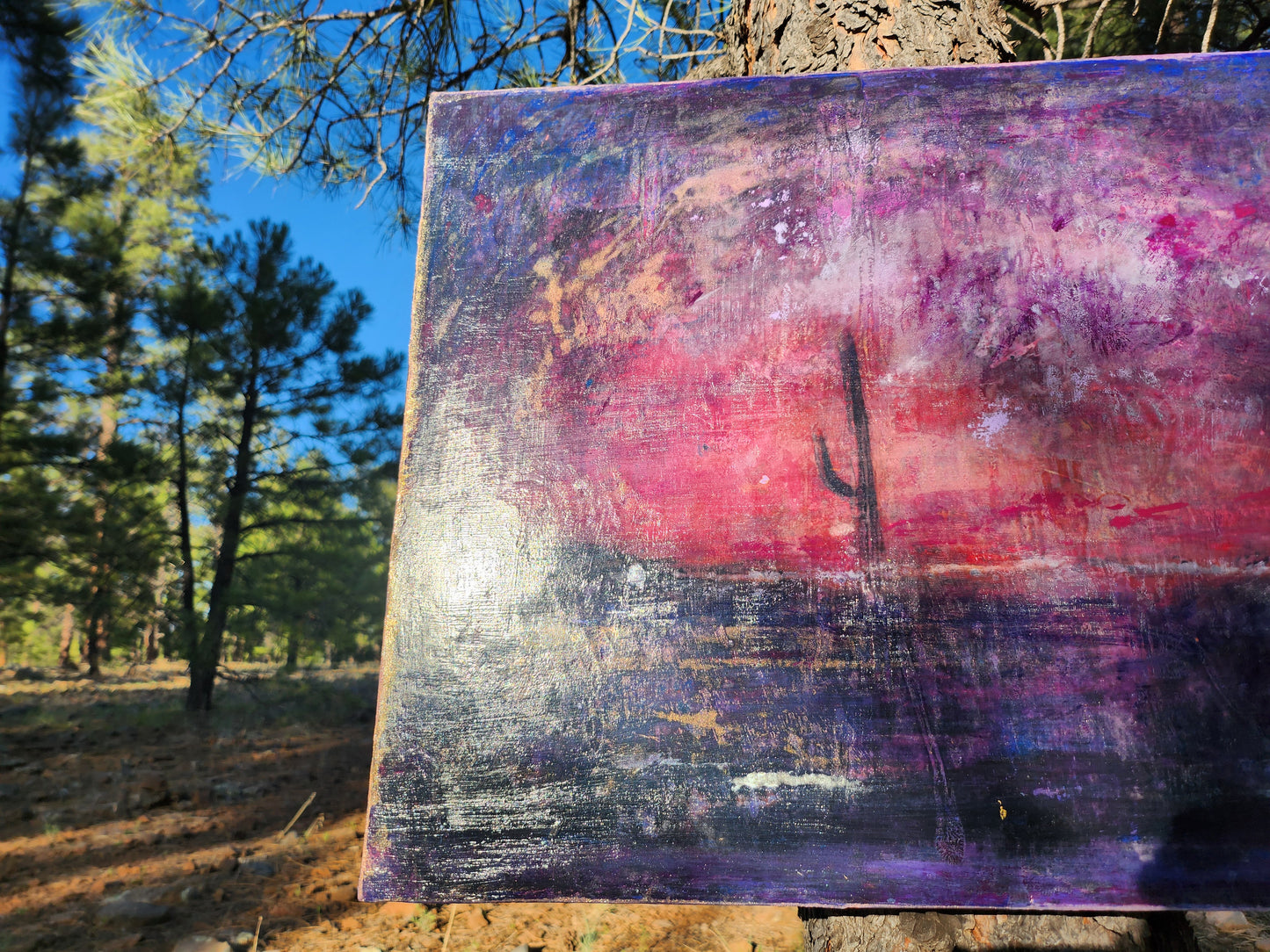 18X24 Mixed media Artwork on Wood Panel BLM Public Lands Abstract Expressionist Landscape Arizona Skyline at Night Desert Scene Saguaro Cactus