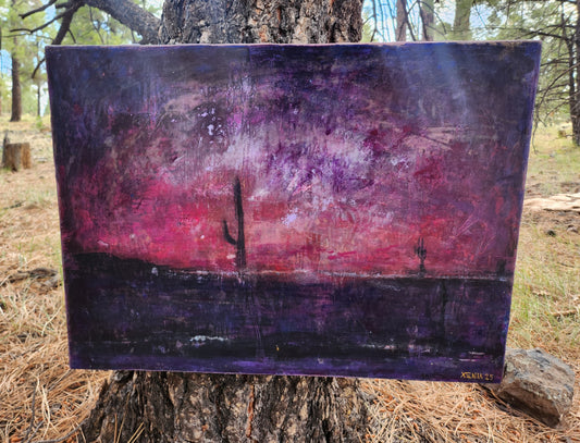 18X24 Mixed media Artwork on Wood Panel BLM Public Lands Abstract Expressionist Landscape Arizona Skyline at Night Desert Scene Saguaro Cactus
