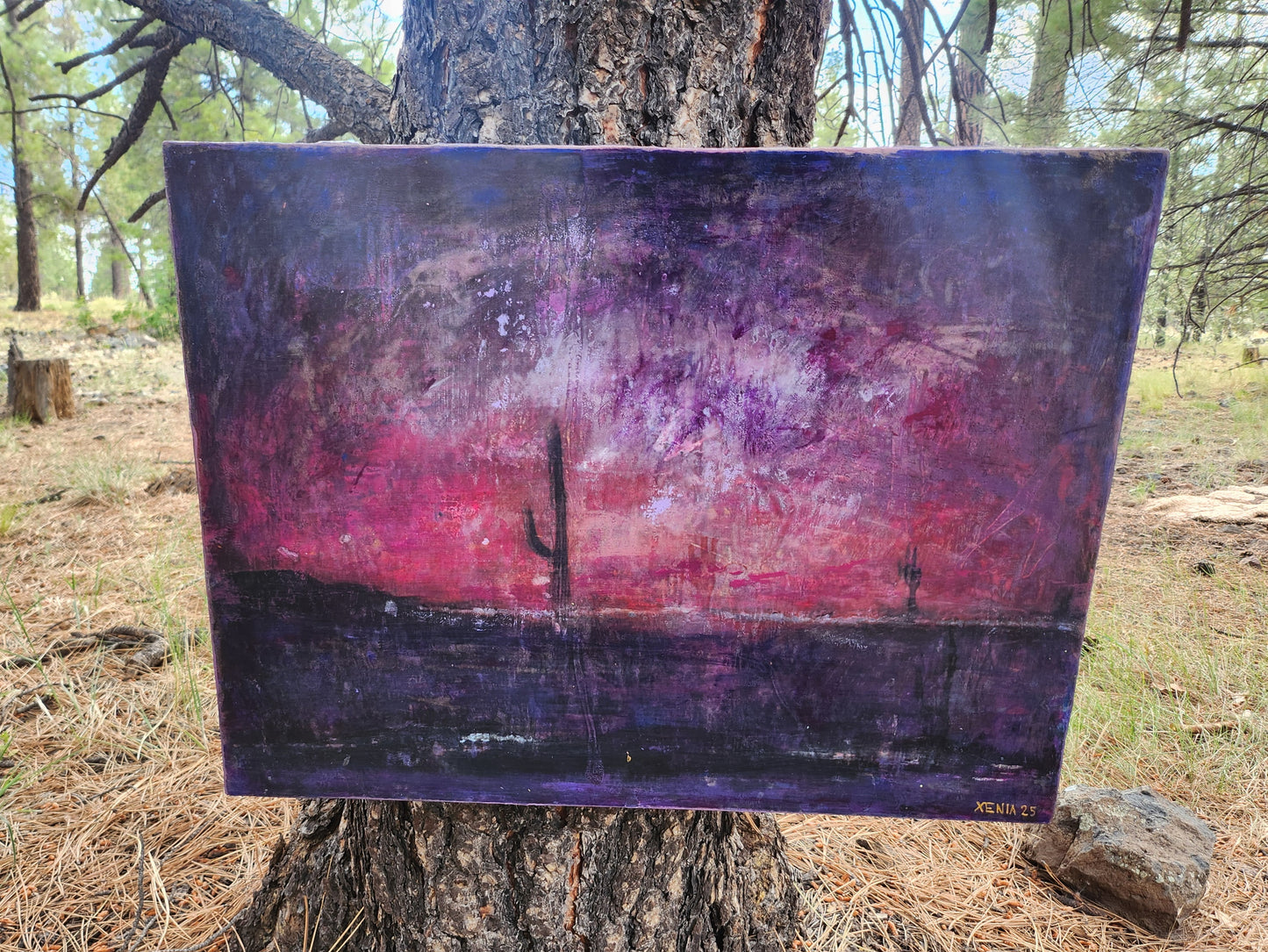 18X24 Mixed media Artwork on Wood Panel BLM Public Lands Abstract Expressionist Landscape Arizona Skyline at Night Desert Scene Saguaro Cactus