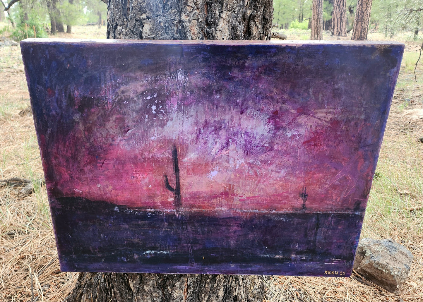 18X24 Mixed media Artwork on Wood Panel BLM Public Lands Abstract Expressionist Landscape Arizona Skyline at Night Desert Scene Saguaro Cactus