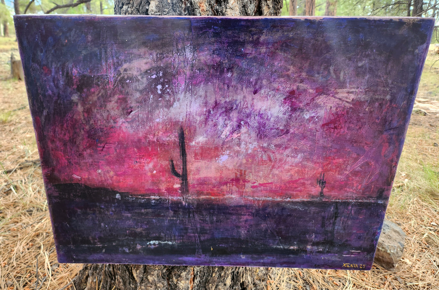 18X24 Mixed media Artwork on Wood Panel BLM Public Lands Abstract Expressionist Landscape Arizona Skyline at Night Desert Scene Saguaro Cactus