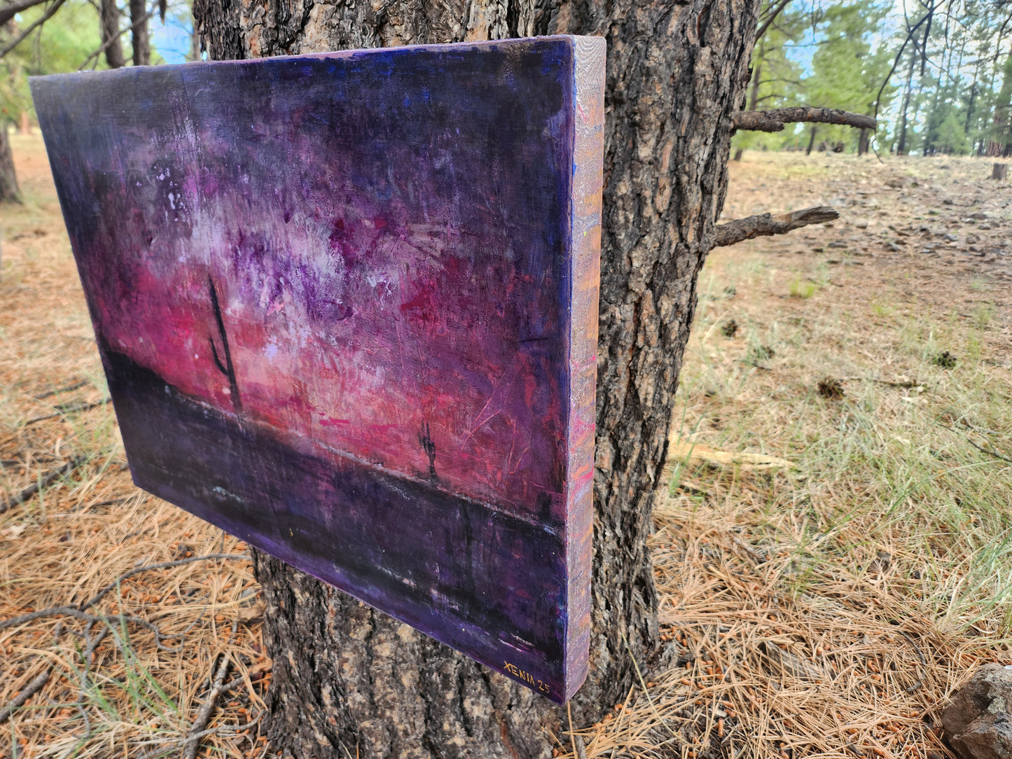 18X24 Mixed media Artwork on Wood Panel BLM Public Lands Abstract Expressionist Landscape Arizona Skyline at Night Desert Scene Saguaro Cactus