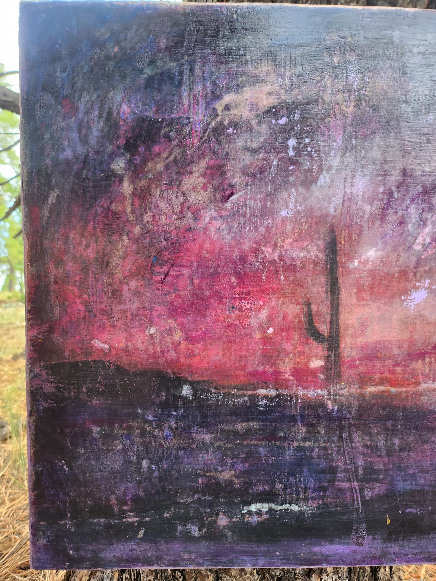 18X24 Mixed media Artwork on Wood Panel BLM Public Lands Abstract Expressionist Landscape Arizona Skyline at Night Desert Scene Saguaro Cactus