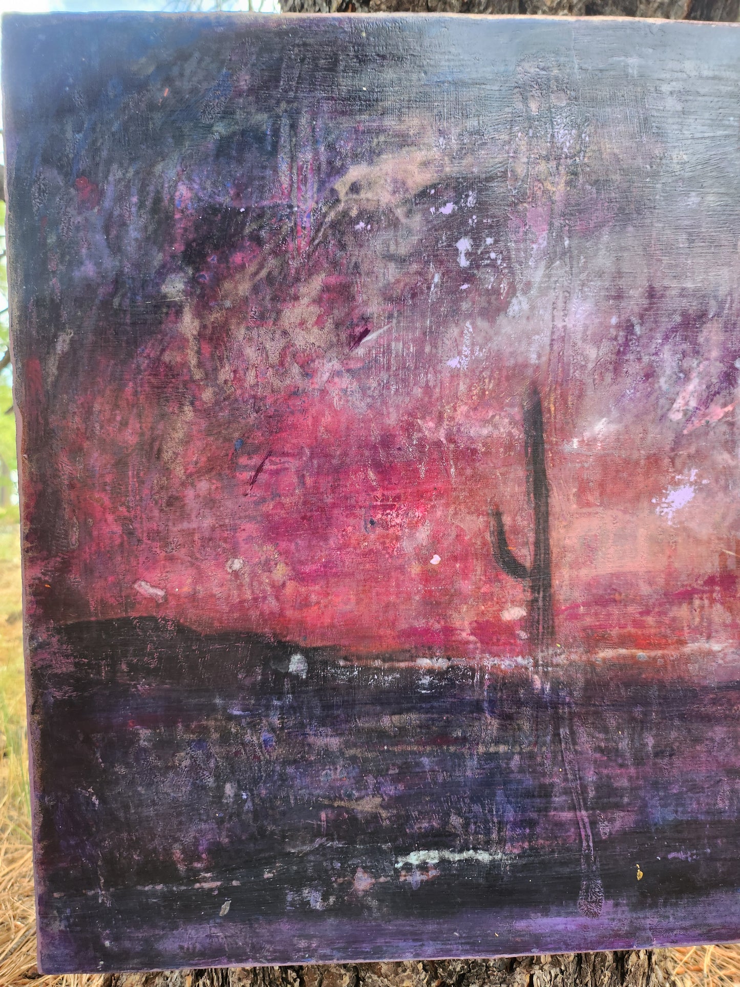 18X24 Mixed media Artwork on Wood Panel BLM Public Lands Abstract Expressionist Landscape Arizona Skyline at Night Desert Scene Saguaro Cactus