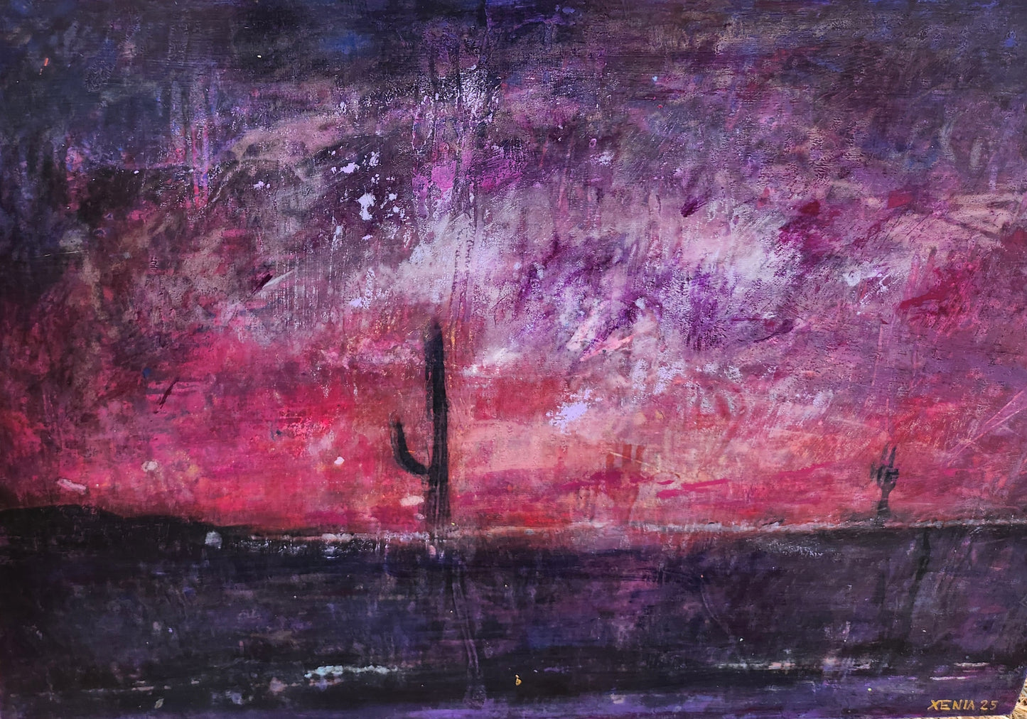 18X24 Mixed media Artwork on Wood Panel BLM Public Lands Abstract Expressionist Landscape Arizona Skyline at Night Desert Scene Saguaro Cactus