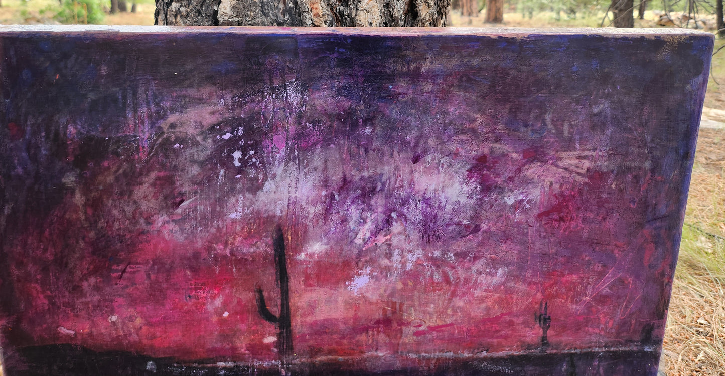 18X24 Mixed media Artwork on Wood Panel BLM Public Lands Abstract Expressionist Landscape Arizona Skyline at Night Desert Scene Saguaro Cactus