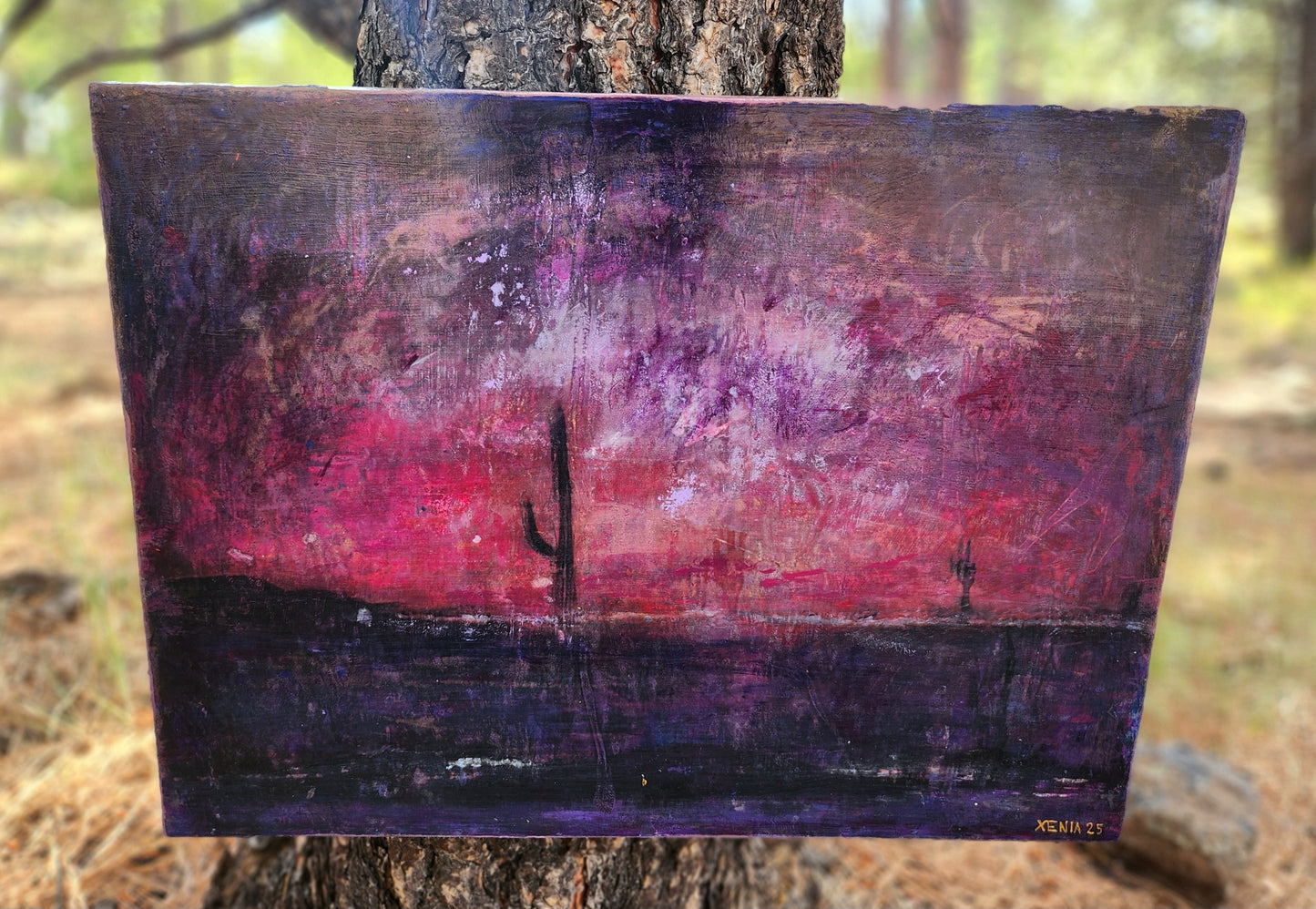 18X24 Mixed media Artwork on Wood Panel BLM Public Lands Abstract Expressionist Landscape Arizona Skyline at Night Desert Scene Saguaro Cactus
