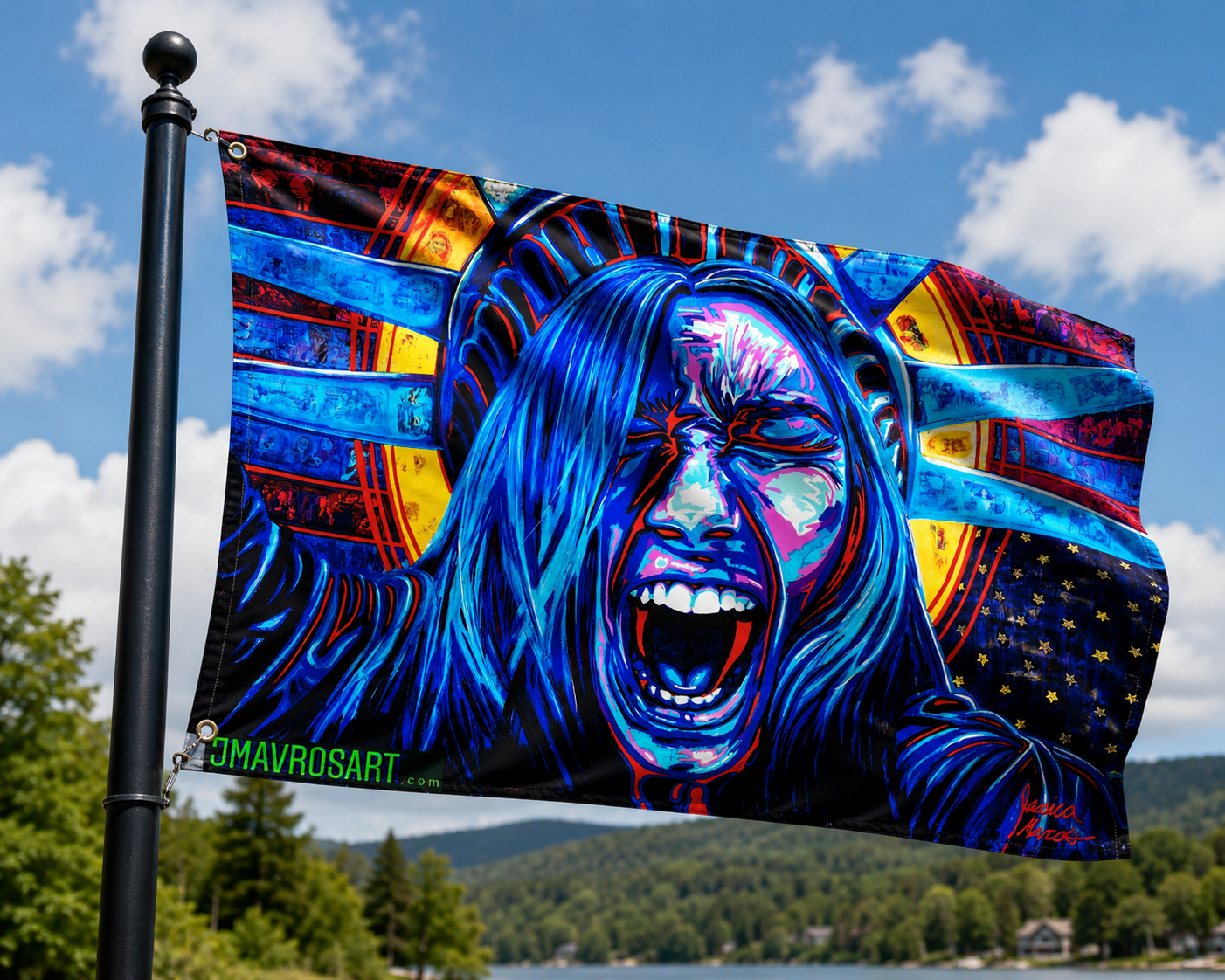 Lady Liberty protest flag with distressed American flag artwork
Protect democracy political flag displayed outdoors
Anti fascism activist flag featuring Lady Liberty
Patriotic protest flag for flagpole display
Original political artwork flag supporting democracy
